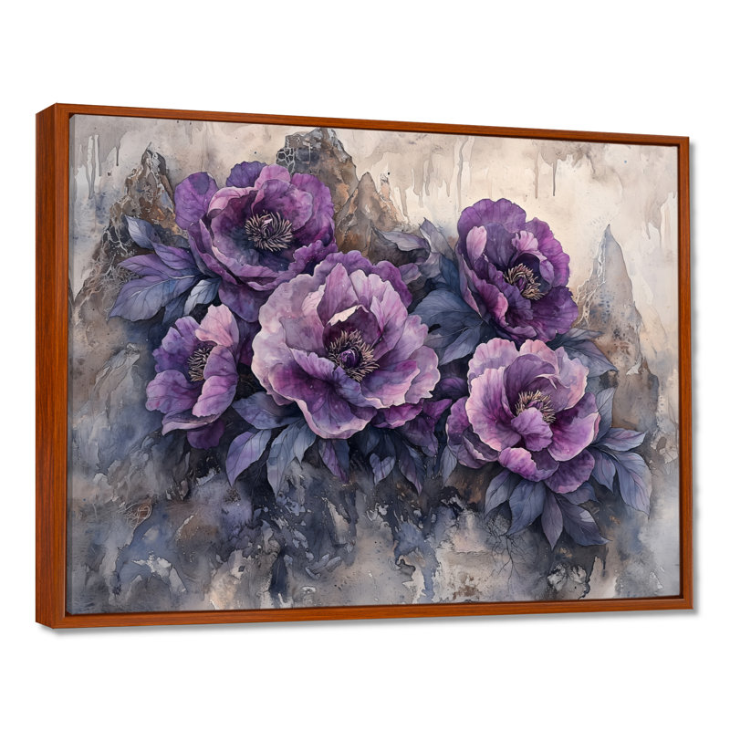 Lavande, pivoines sur le versant rocheux I - pivoines, art mural, H 16 po x l 32 po, Cadre flottant brun