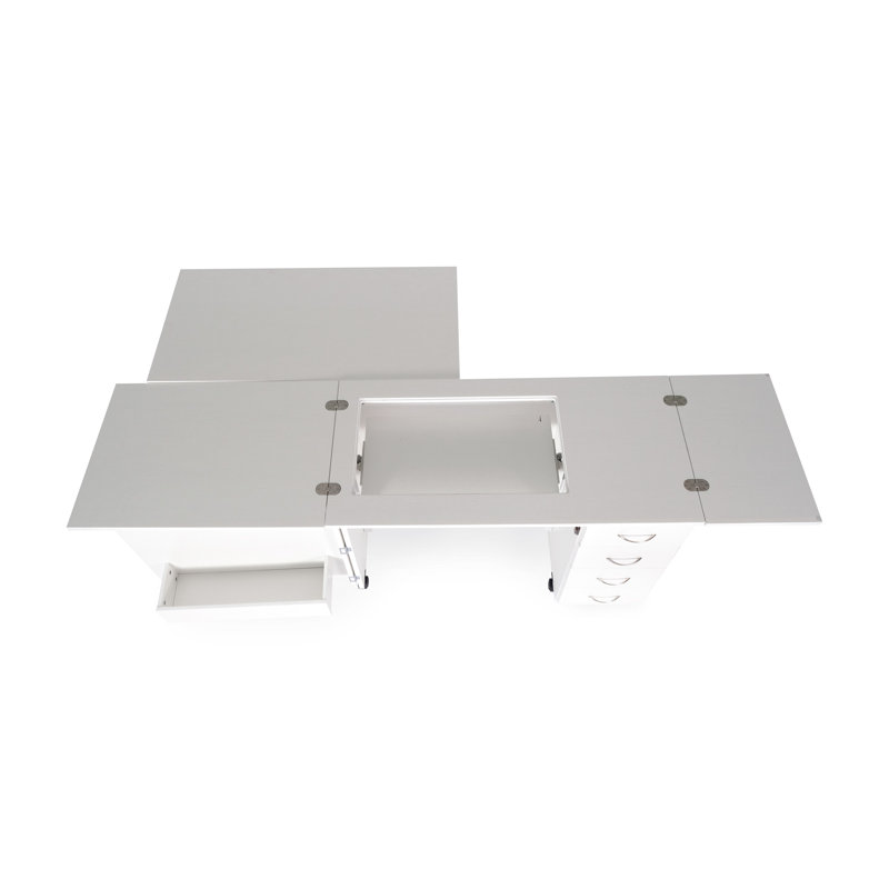 Ash White Foldable Sewing Cabinet with Drawers and Wheels