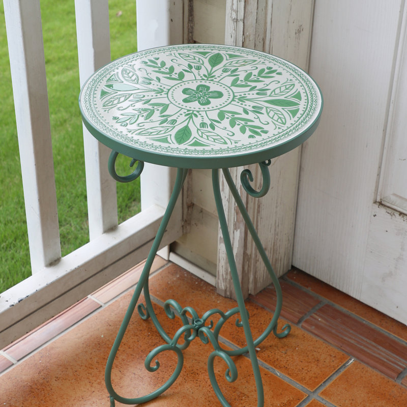  Ceramic Top End Table Patio Side Table,Vintage Metal Plant Stand, Round Accent Table for Porch,Patio, Balcony, Living Room Decor