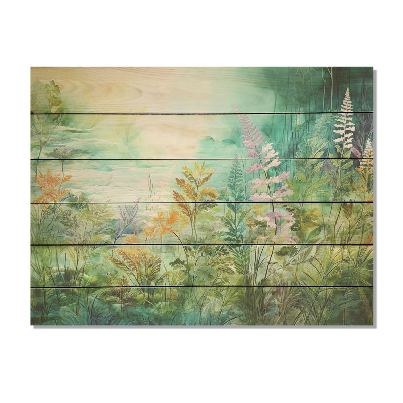 Ferns In The Wild Flowers Field I - Flower Field Wood Wall Art On Natural Pine Wood, 30" H x 40" W
