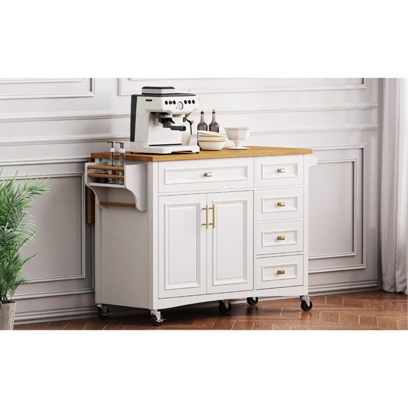Îlot de cuisine 52 po avec abattant, îlot de cuisine à texture gaufrée sur roulettes avec porte-épices, porte-serviettes, 2 portes et 5 tiroirs, chariot de rangement avec tablette réglable pour la cuisine, blanc