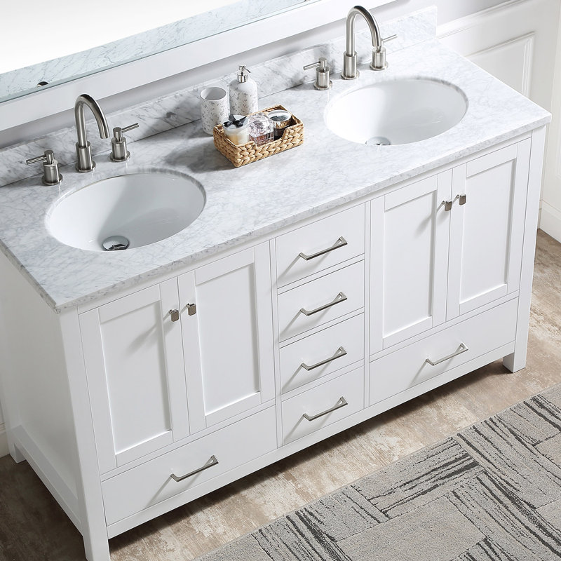 60'' Double Bathroom Vanity with Marble Top, White