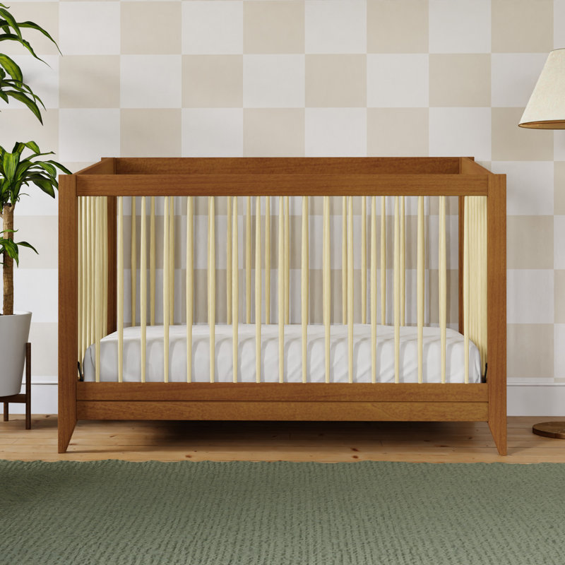 Chestnut and Natural Mid-Century Modern Convertible Crib
