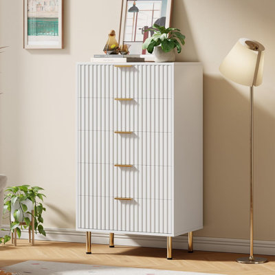 Fluted 5-Drawer Tall Dresser, Modern Wooden Storage Chest with Deep Drawers & Wide Top, Bedroom Organizer for Living Room, Hallway, Kids’ Room