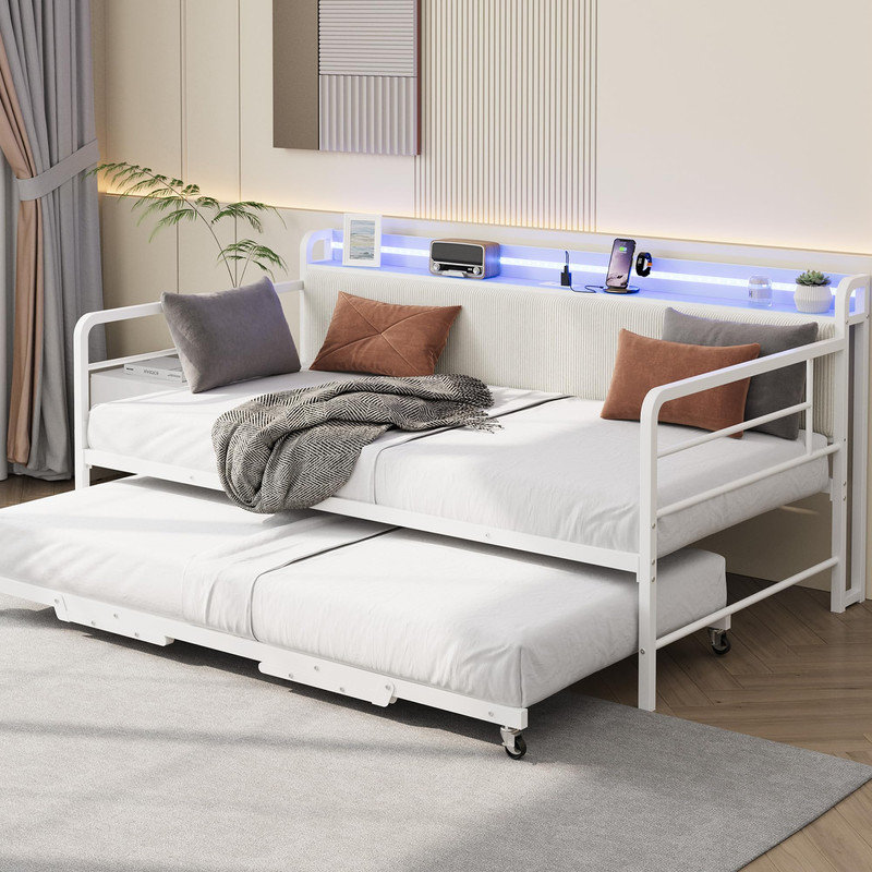 Twin Daybed with Trundle, LED Lights & Charging Station – Corduroy Headboard, White