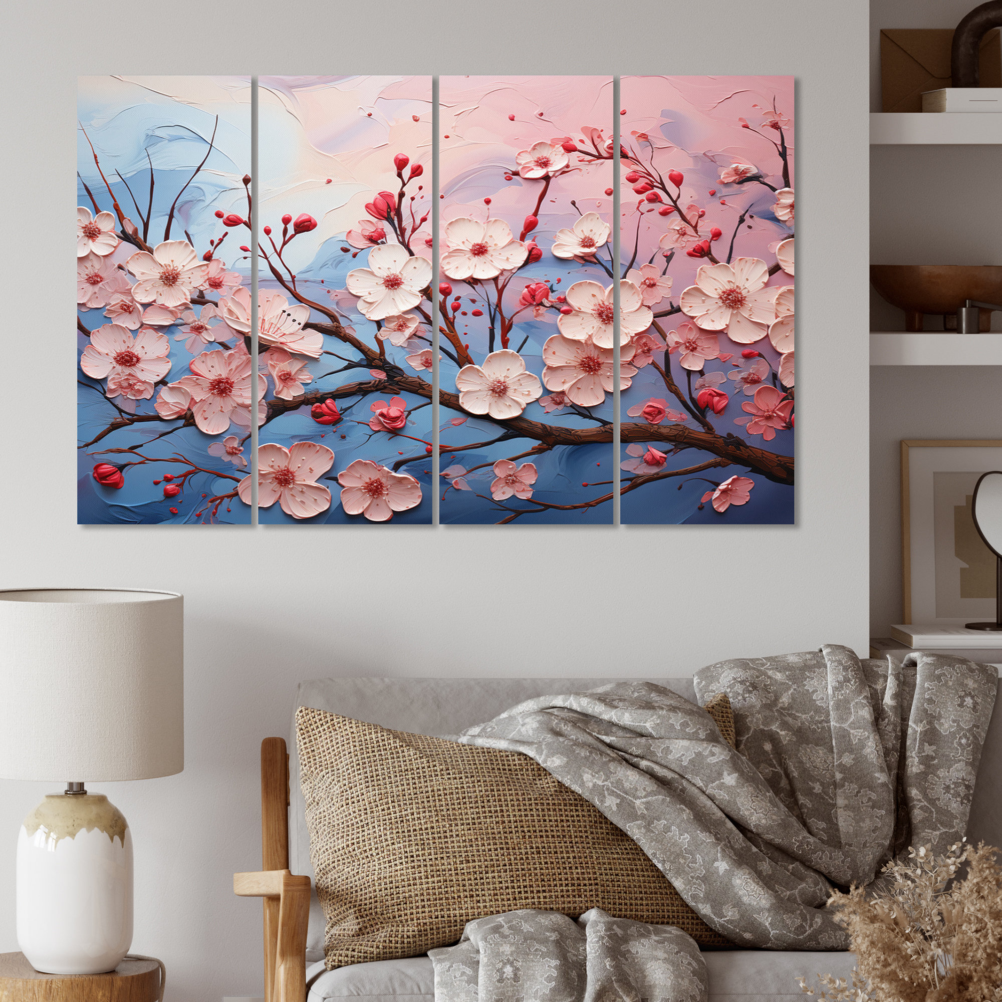 DesignArt Pink and Blue Cherry Blossom II - Floral Metal Wall Decor Set ...