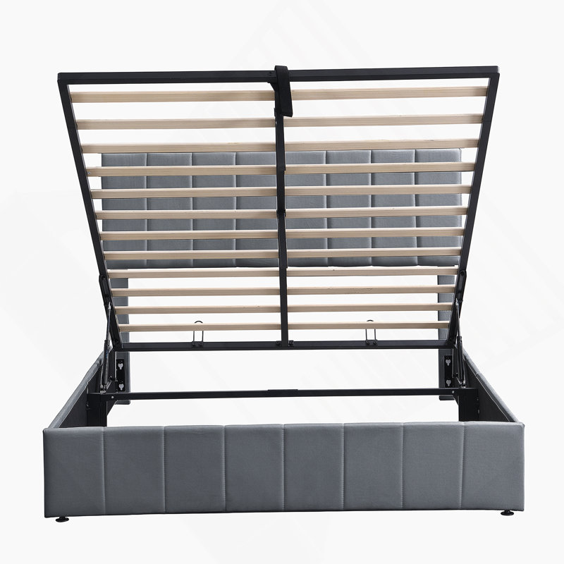Grand lit plateforme tapissier avec système de rangement hydraulique - gris, Grand lit