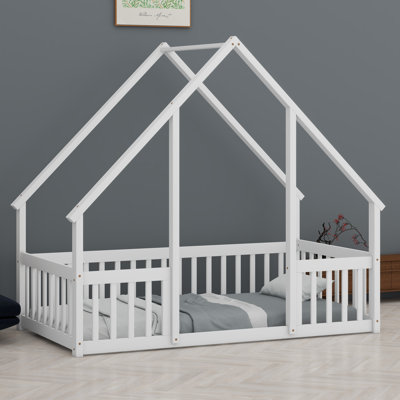 Rustic Wooden House-Style Floor Bed With Safety Guardrails For Kids