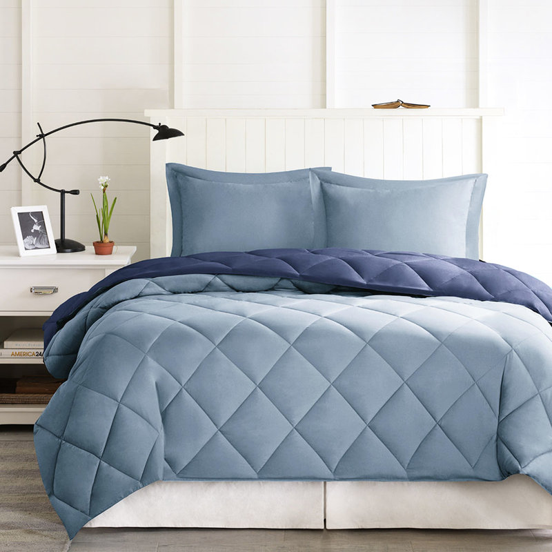 Édredon simple / simple TG de 3 m avec rembourrage bleu marine chaud et respirant + matelassage bleu, Bleu marine/clair