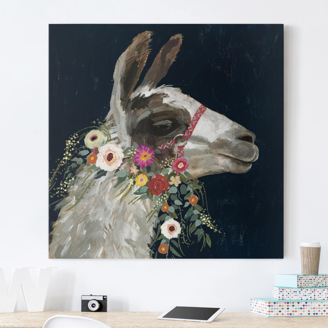 Leinwandbild Lama mit Blumenschmuck I