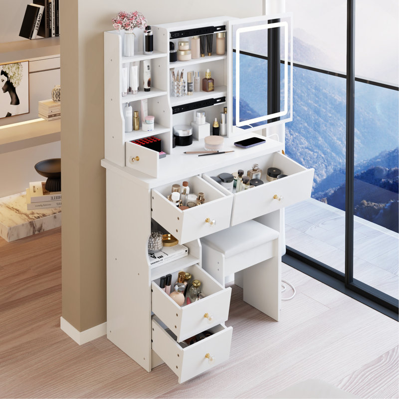 29.2" Small Size Left Drawer Desktop Vanity Table With Cushioned Stool, 2 AC Outlets And 2 USB Ports Power Station, Hair Dryer Bracket, Brightness Adjustment