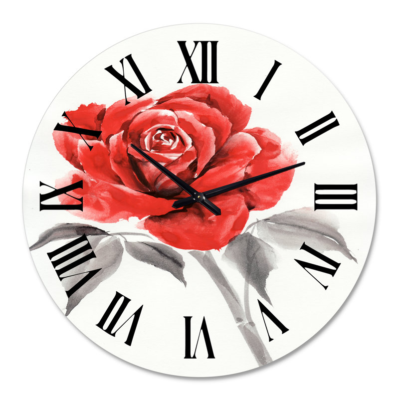 Horloge murale rétro avec fleur rose rouge I, Grand