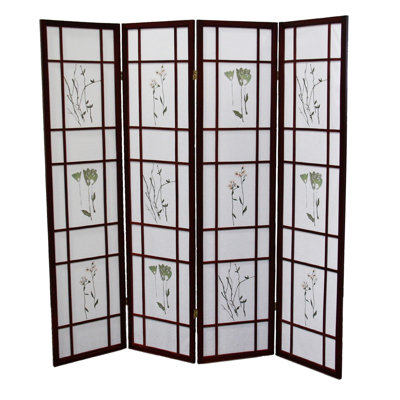 4 Screen Room Divider 70" High, Cherry With Asian Floral Print Work Tall Fence, Cherry Wood Feature View
