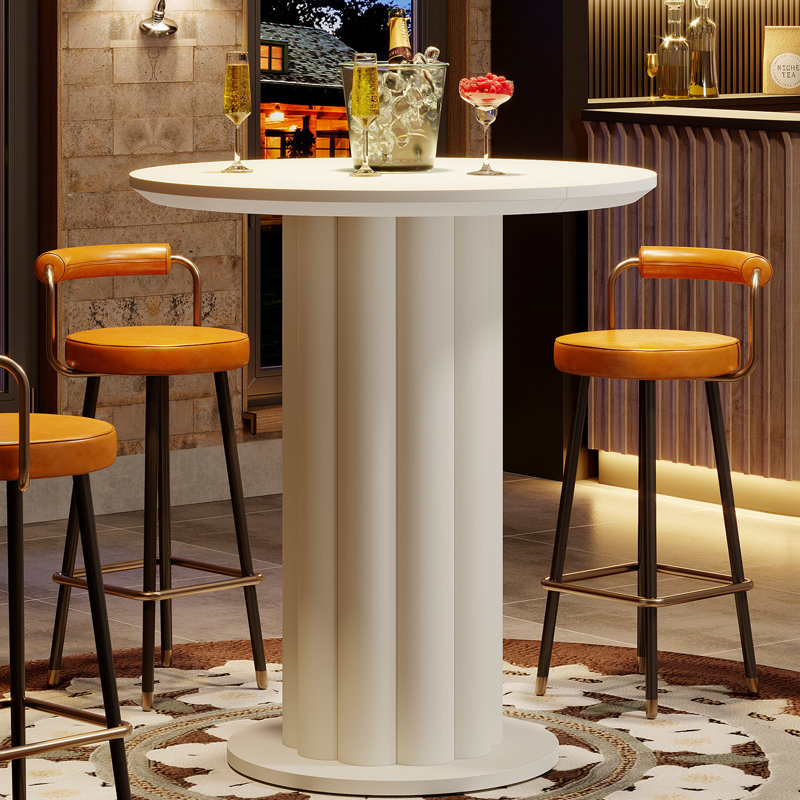 Table de bar d'une hauteur de 39 po avec base romaine, table de salle à manger en bois pour le petit-déjeuner, table bistro à hauteur de comptoir pour la maison, petit salon pour cocktail, petit espace