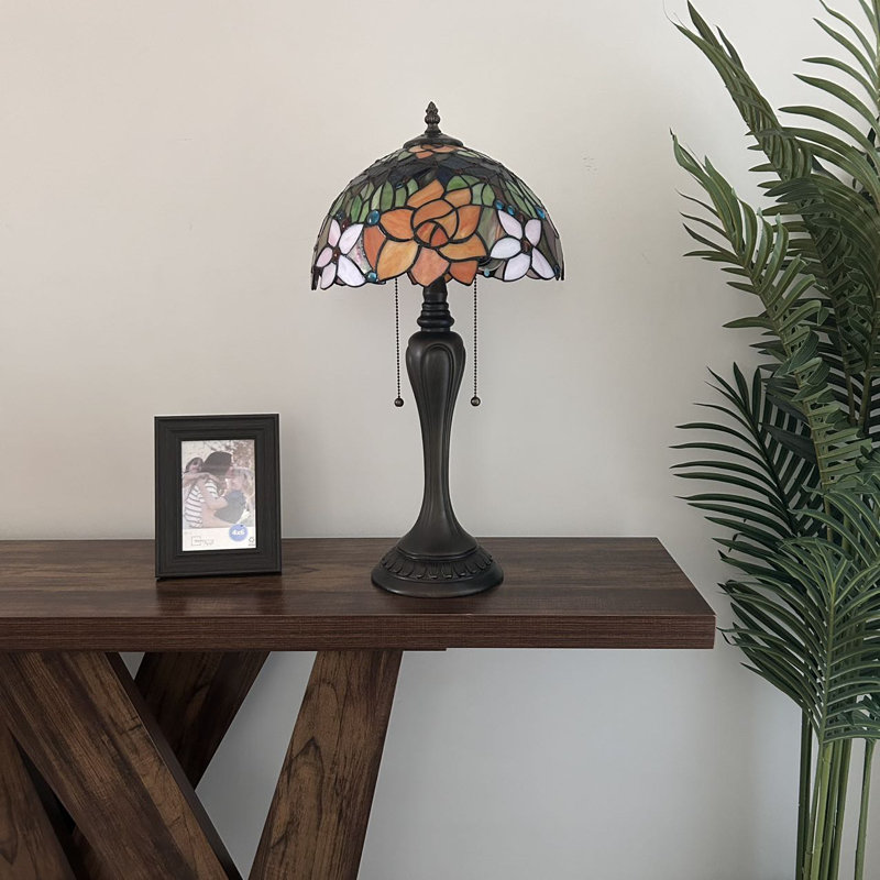Flynt Tiffany Table Lamp Stained Glass Rose Flowers LED Bulbs Included 22"H*12"W, Red/Green/Gray