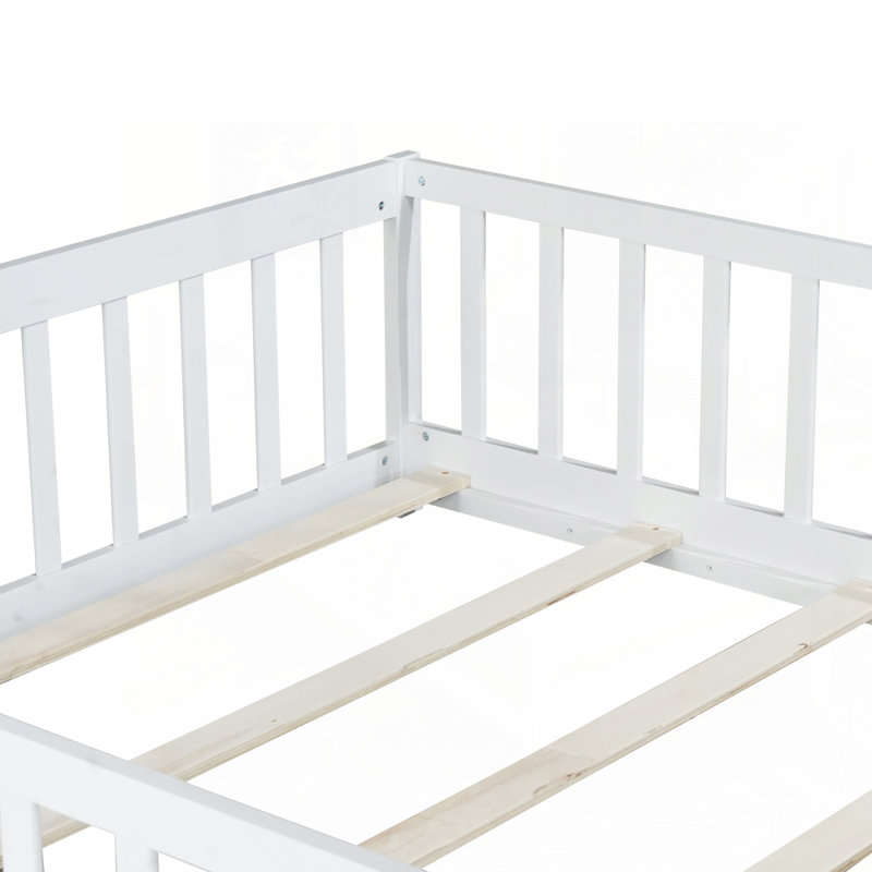 Lit de sol en bois d'hévéa polyvalent avec caractéristiques de sécurité et conception compacte, Blanc, Double