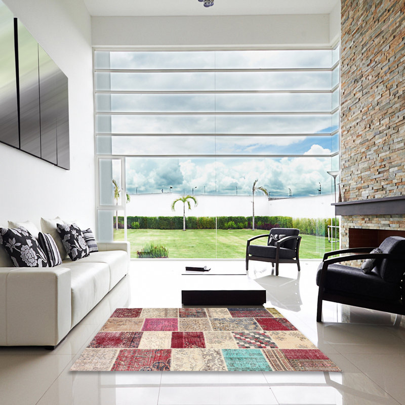 Tapis patchwork gris / beige / rouge, Carré 7 pi
