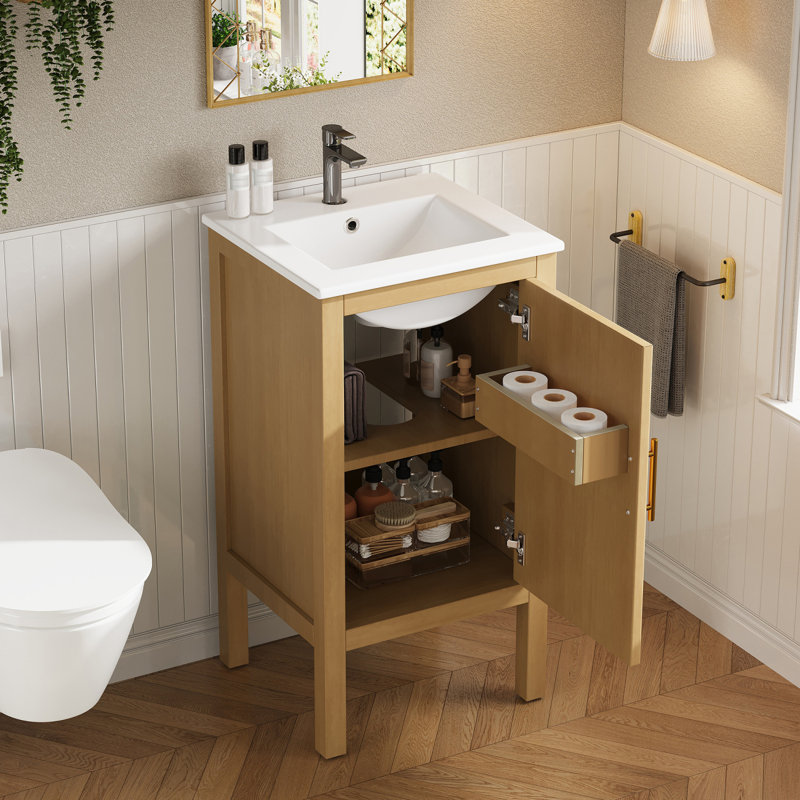 Meuble-lavabo simple 18 po avec lavabo en céramique, tablette réglable et porte à fermeture en douceur