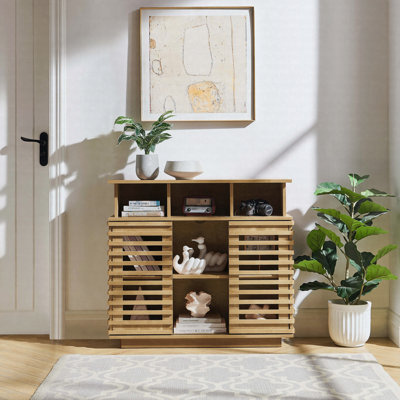 36.1" Farmhouse Sideboard Buffet Cabinet with Sliding Doors, Adjustable Shelf and Open Storage