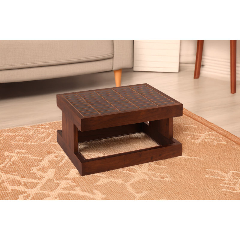 Table d'appoint en bois d'acacia avec plateau en carrelage naturel, Marron foncé