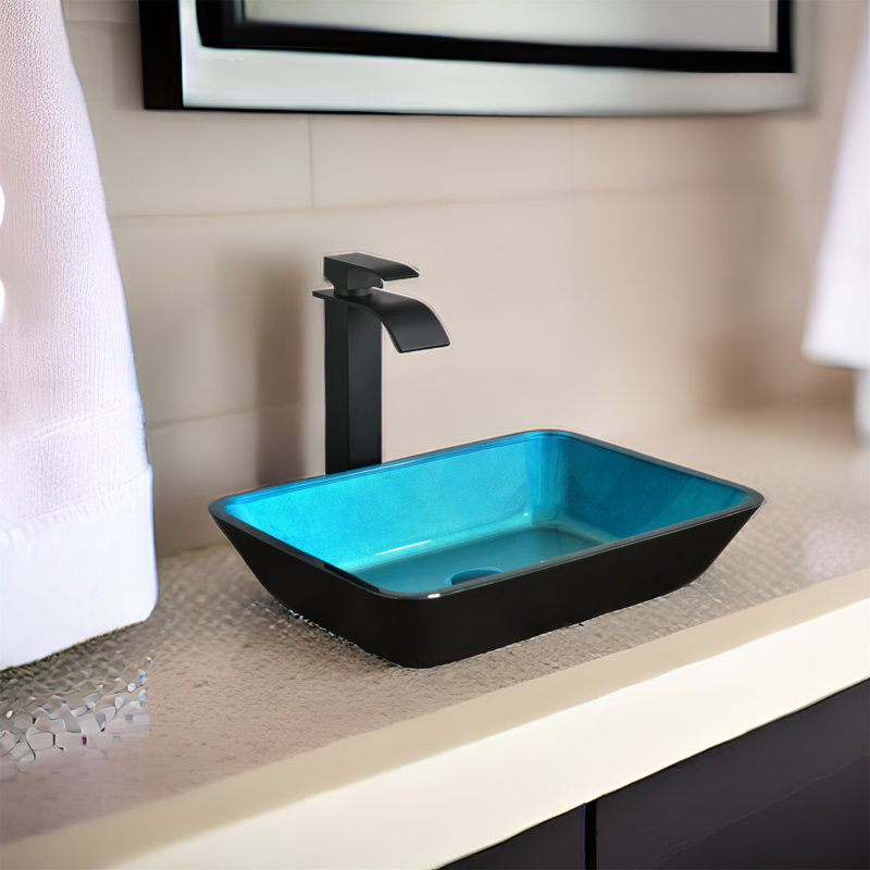 MONSFEST 12'' Glass Rectangular Bathroom Sink with Faucet, Blue