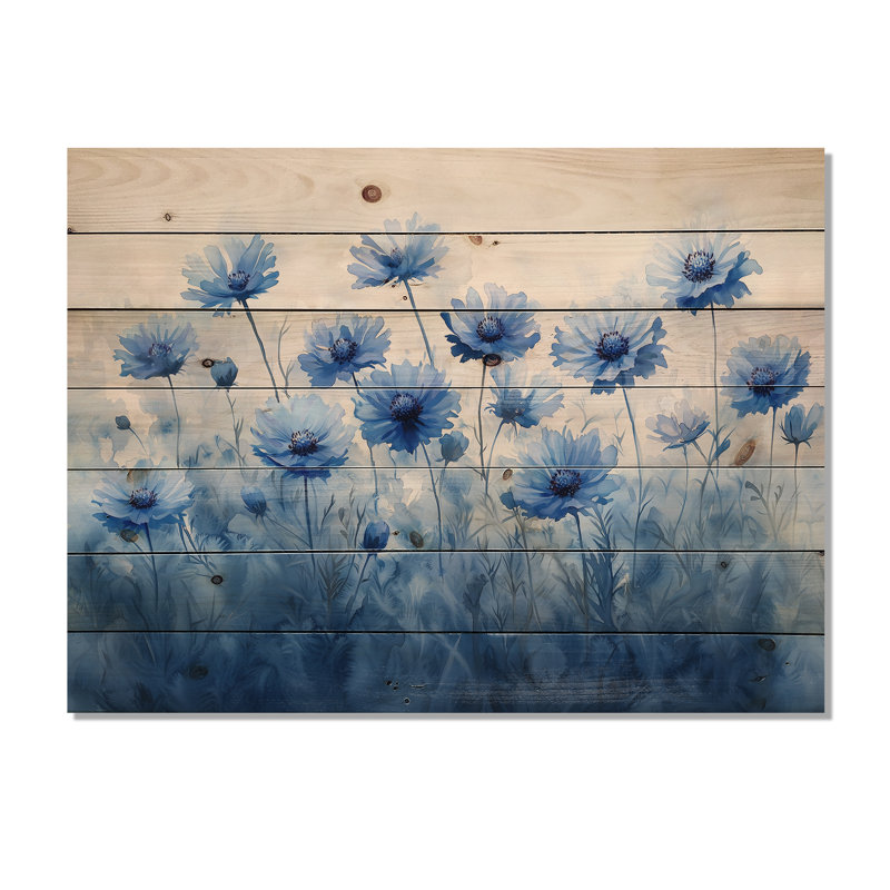 Bleuet dans l'aquarelle Misty Blues II - Art mural bois de bleuet - sur bois de pin naturel, H 10 po x l 20 po x P 0,78 po