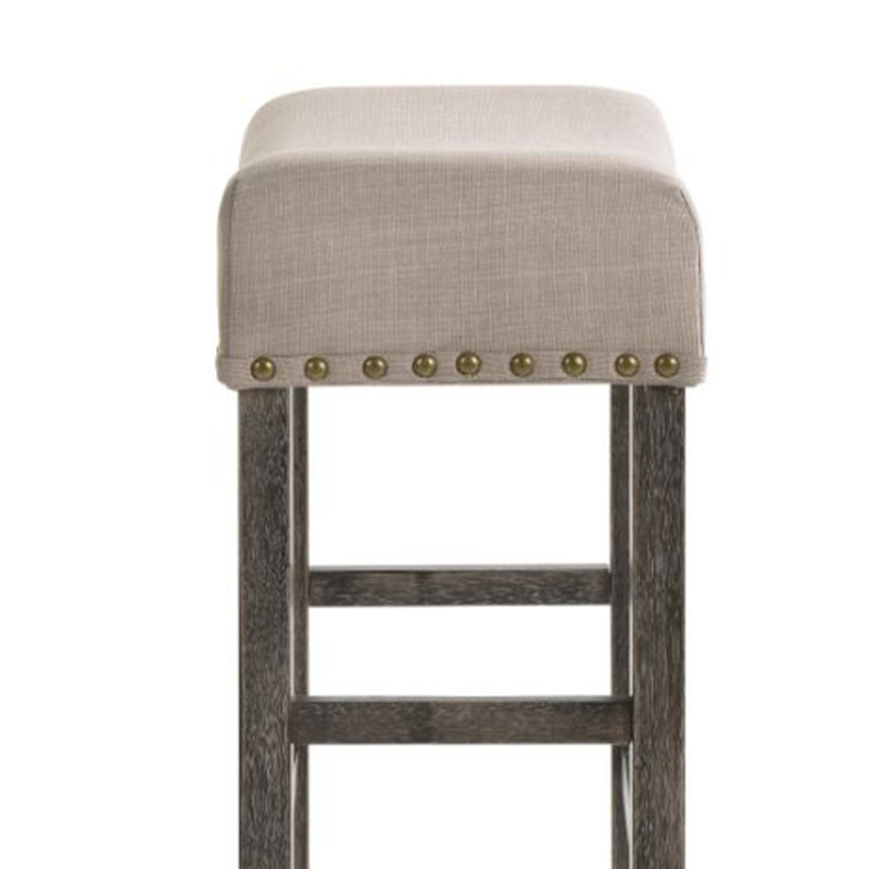 Tabouret de bar moderne sans dossier en lin beige, pieds carrés en hévéa et garniture cloutée