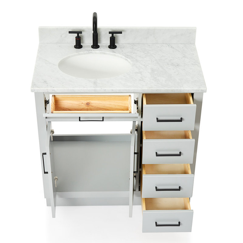 Meuble-lavabo simple Jameal de 36 po en bois massif avec comptoir en marbre de Carrare de 0,75 po et lavabo ovale dÃ©calÃ© Ã  droite