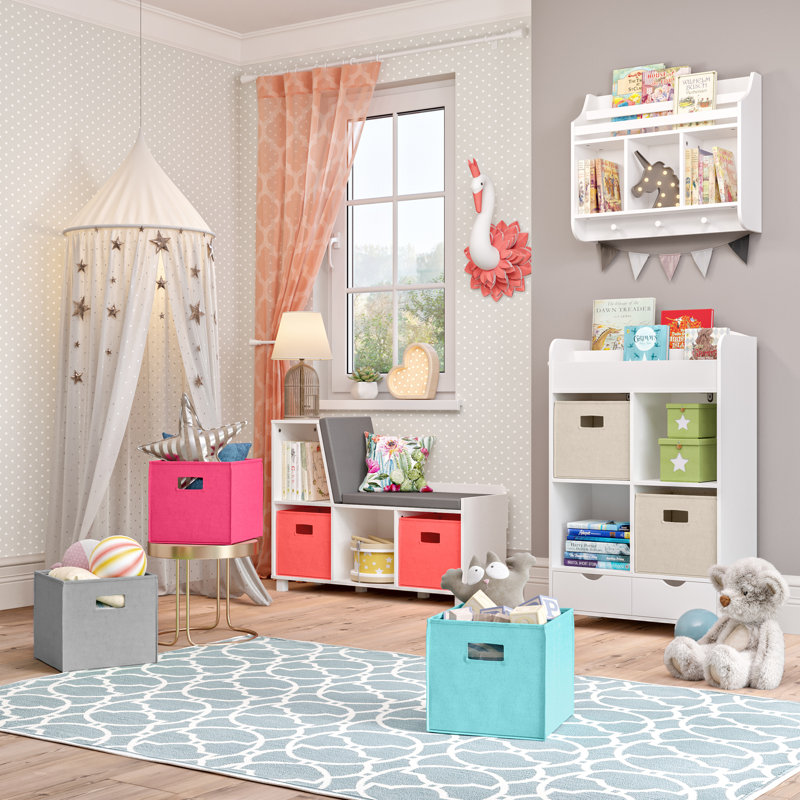 Playtime White Wall-Mounted Shelf with Bookrack and Cubbies for Kids