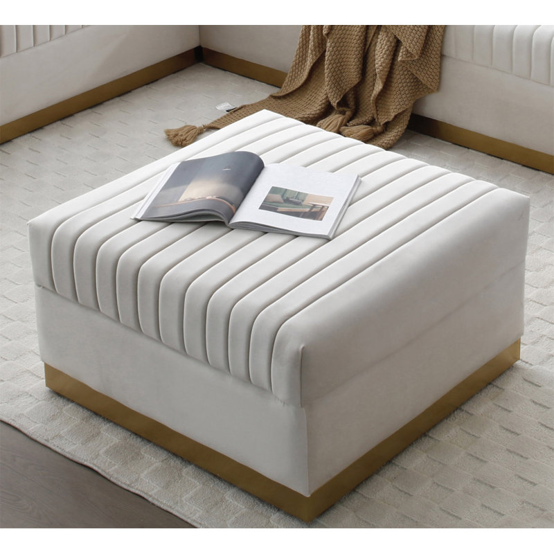 Contemporary Vertical Channel Tufted Velvet Big Size Ottoman Modern Upholstered Foot Rest For Living Room Apartment, Beige