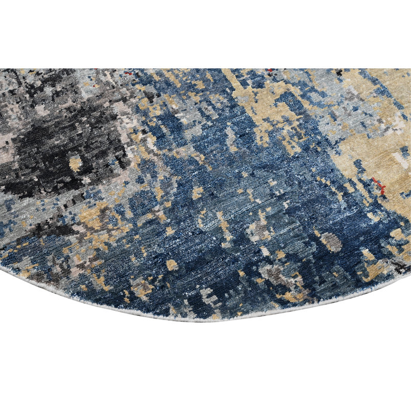 Hand Knotted Abstract Area Rug in Blue/Red/Ivory, Round 6'