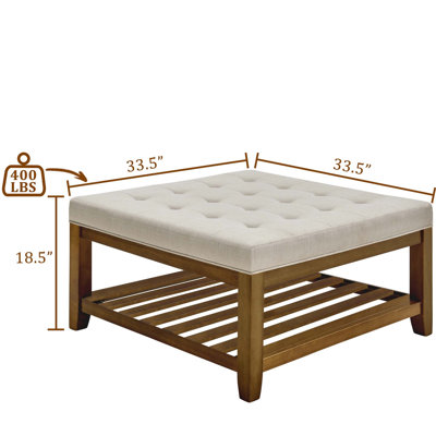 Grand repose-pieds carré rembourré en lin capitonné avec tablette en bois de hêtre, idéal pour le salon et une utilisation multifonctionnelle