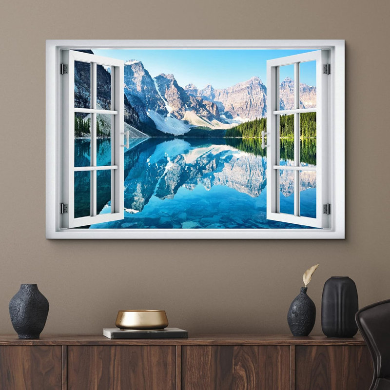 Fenêtre de paysage «Window View Rocky Mountain Forest Lake Reflection Nature Images Scenic Landscape» sur toile