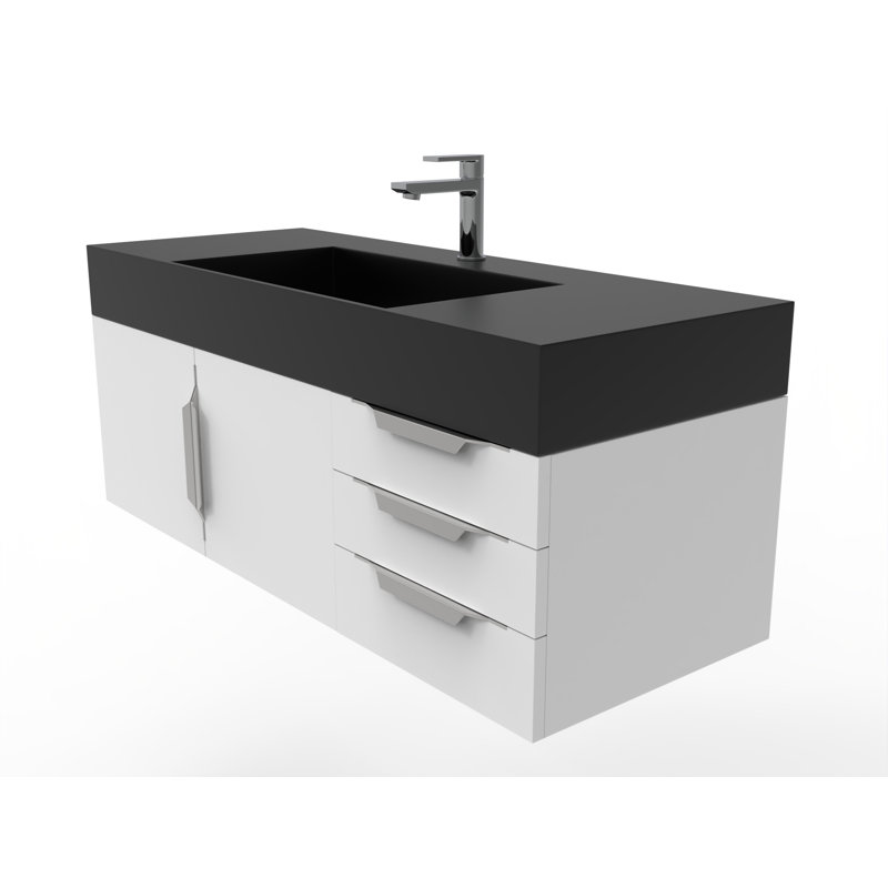 Meuble-lavabo mural simple 48 po avec comptoir à surface solide 48 po, Noir, Blanc, Chrome
