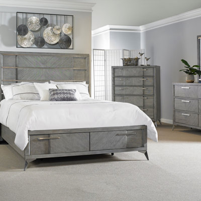 Grand lit de rangement gris avec placage assorti et tête de lit éclairée, parfait pour les chambres modernes et le rangement supplémentaire.