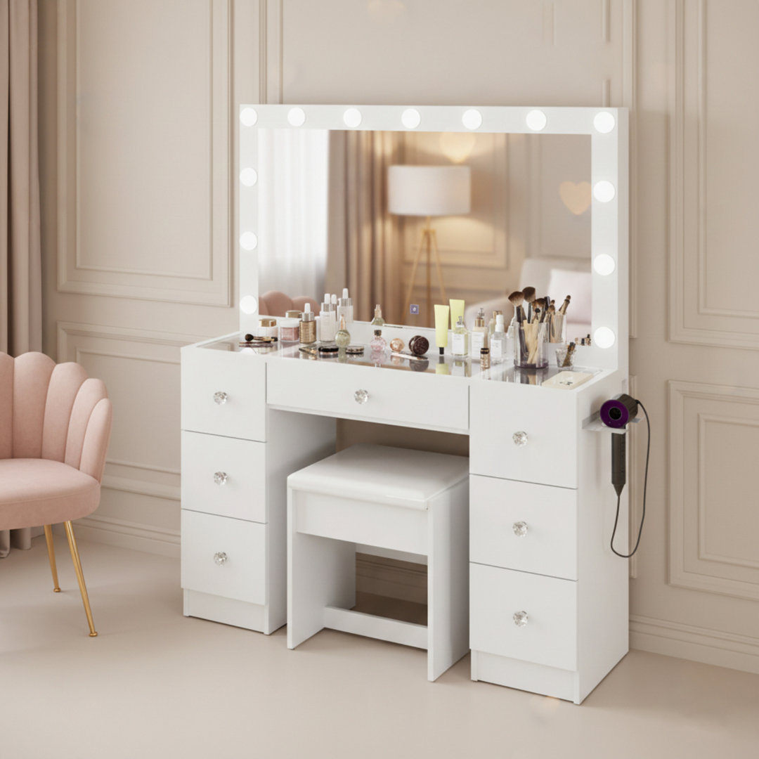 Boahaus Eve Makeup Vanity in Greige with LED Lights, Glass Top, 7 Drawers and USB (Type A & C) Boahaus LLC 