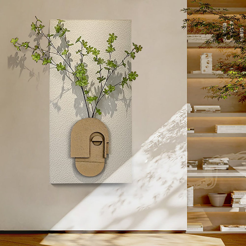 3D Abstract Natural Sandstone Handmade Sculpture With Artificial Plants Wall Decor