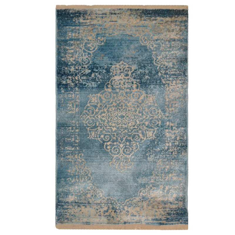 TAPIS EN POLYESTER MACHINE - Rectangle | Bleu | Conception orientale, tapis à faible épaisseur faits à la machine pour le salon, la chambre à coucher