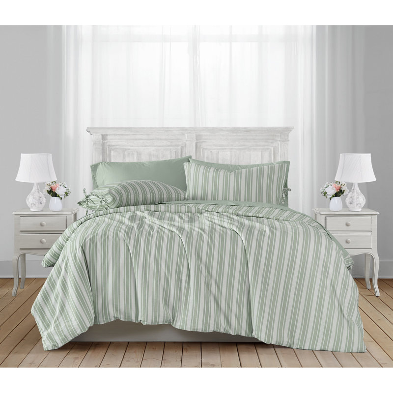 The Farmhouse by Rachel Ashwell Wide Ticking Stripe Comforter Set, White/Green, King Comforter  + 2 King Shams