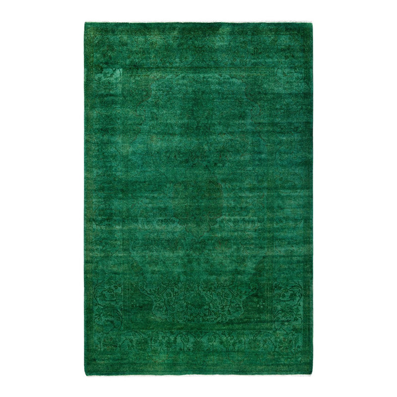 Tapis vert contemporain en laine noué à la main surteint 4 pi 7 po x 7 pi 1 po