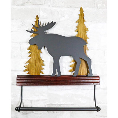 Rustic Western Elk Moose Deer By Pine Forest Wooden Wall Hand Towel Holder Bar