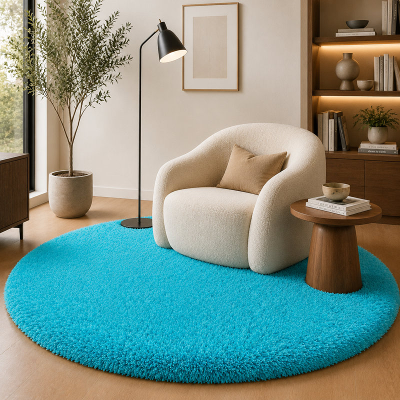 7x7 ft Tiffany Blue Round Rug for Bedroom Room Fluffy Circle Rug Furry Carpet Shaggy Circular Fuzzy Washable Non-Slip Large Area Rug Soft Indoor for Living Room Cute Aesthetic Home Decor