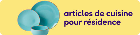 Bannière de catégorie pour les articles de cuisine de résidence présentant un ensemble d'assiettes en céramique turquoise et un bol assorti.