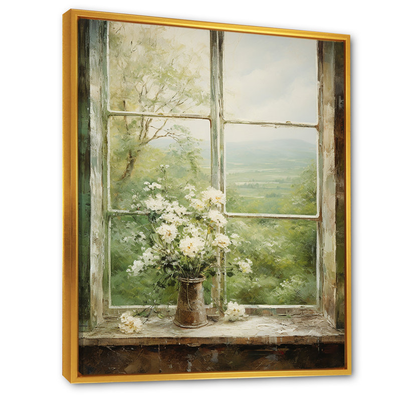 «Countryside Calm Blooms Farm Windows II - Farmhouse Windows», art mural, Cadre flottant doré, H 20 po x l 12 po x P 1 po