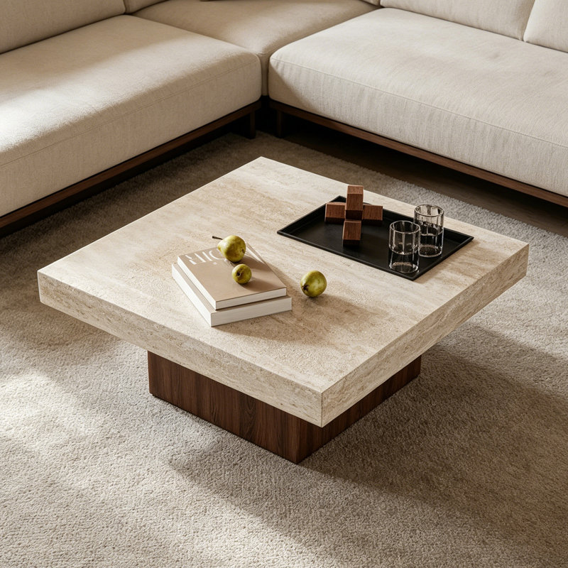 Table basse carrée en ardoise avec plateau Living, H 13,77 po x L 35,43 po x l 35,43 po, Beige