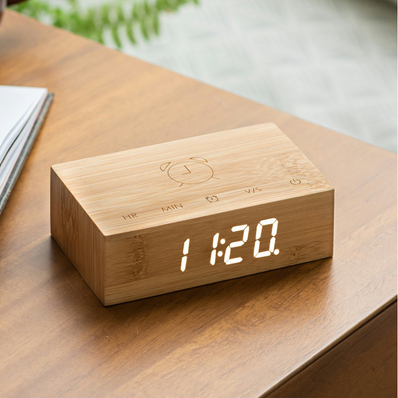 Sleek & Chic Modern Digital Wood Electric Alarm Tabletop Clock, Bamboo