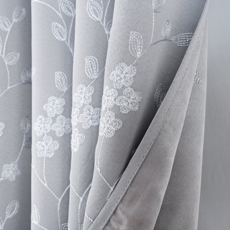 Weber Floral Embroidered Flowers Room Darkening Window Curtains, Silver