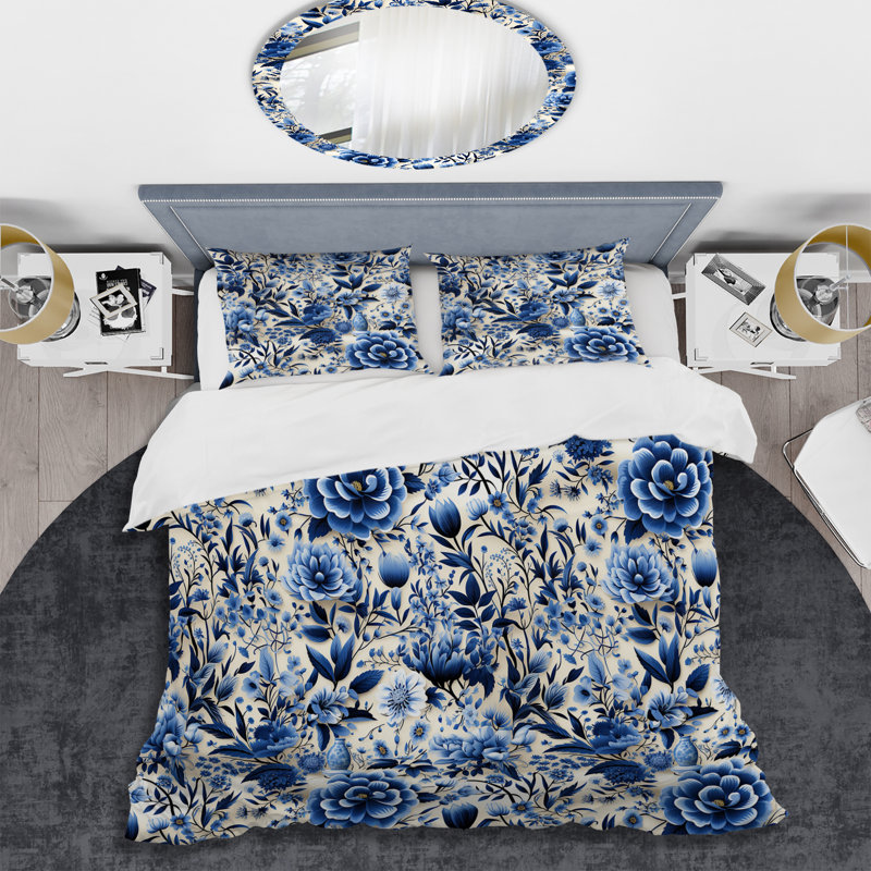 Literie à motif victorien Cobalt Garden Scenes, Housse de couette pour grand lit et 2 taies décor
