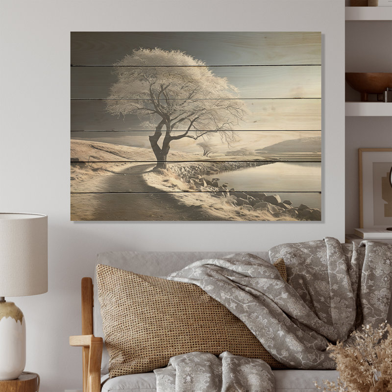 Arbre blanc et gris paysage d'hiver - paysage d'hiver panneau de bois sur bois de pin naturel, H 30 po x l 40 po