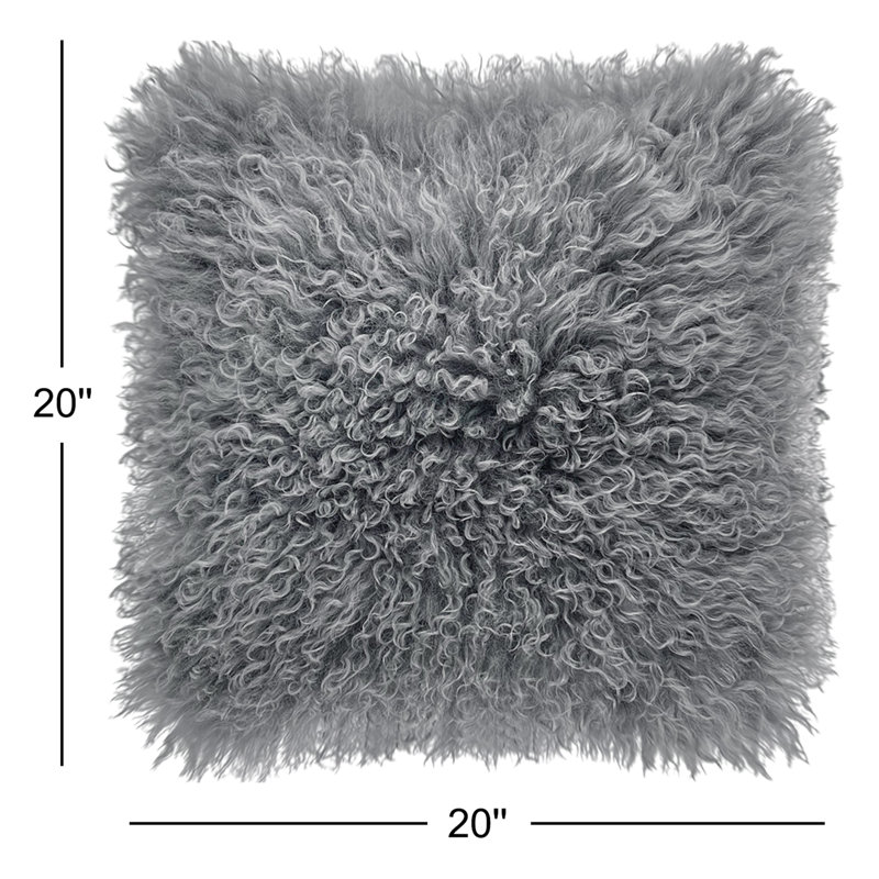 Kiefer Square Mongolian Sheepskin Pillow Cover And Insert, Quicksilver